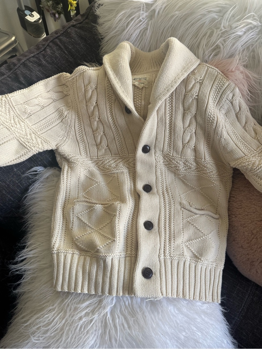 Field & Stream Cream Cable-Knit Shawl-Collar Cardigan Sweater